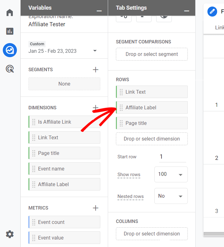 affiliate link custom report dimensions