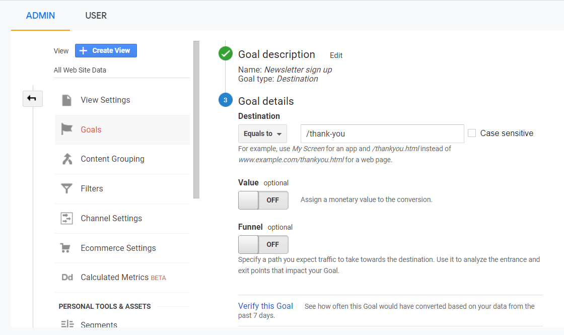 Goal step 3 in Google Analytics