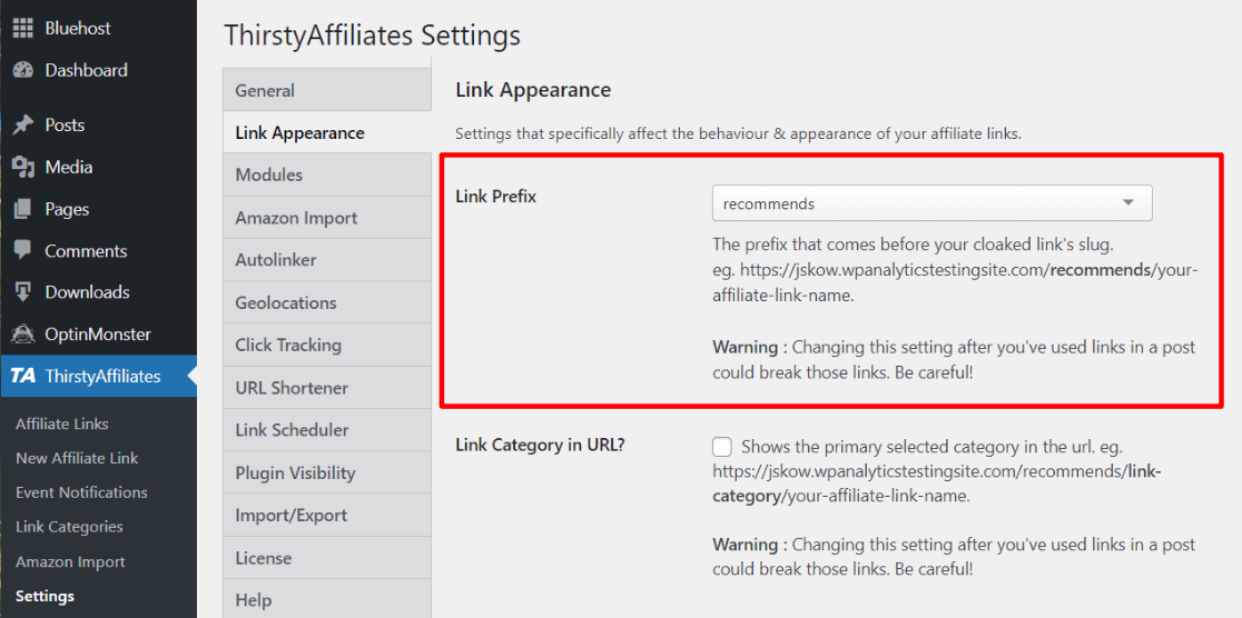 ThirstyAffiliates link prefix