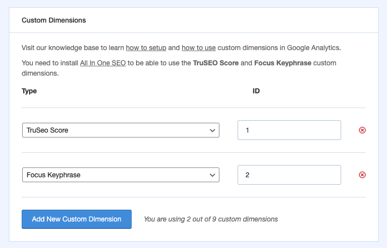 All in One SEO Custom Dimensions