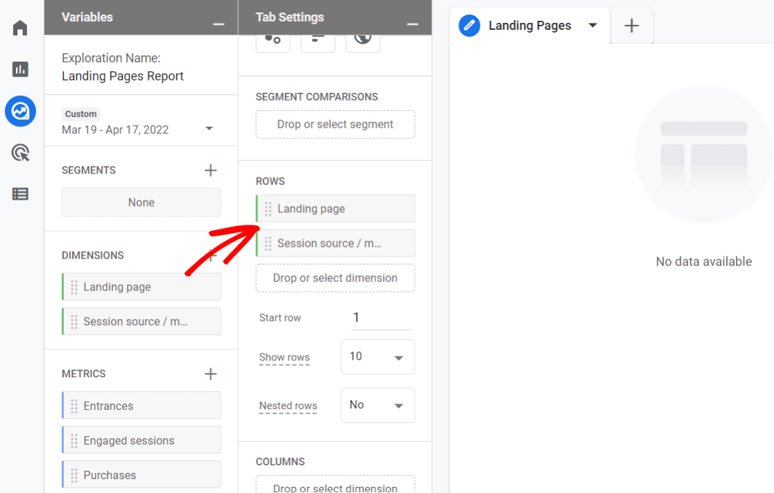 Drag dimensions to rows in eCommerce landing pages report