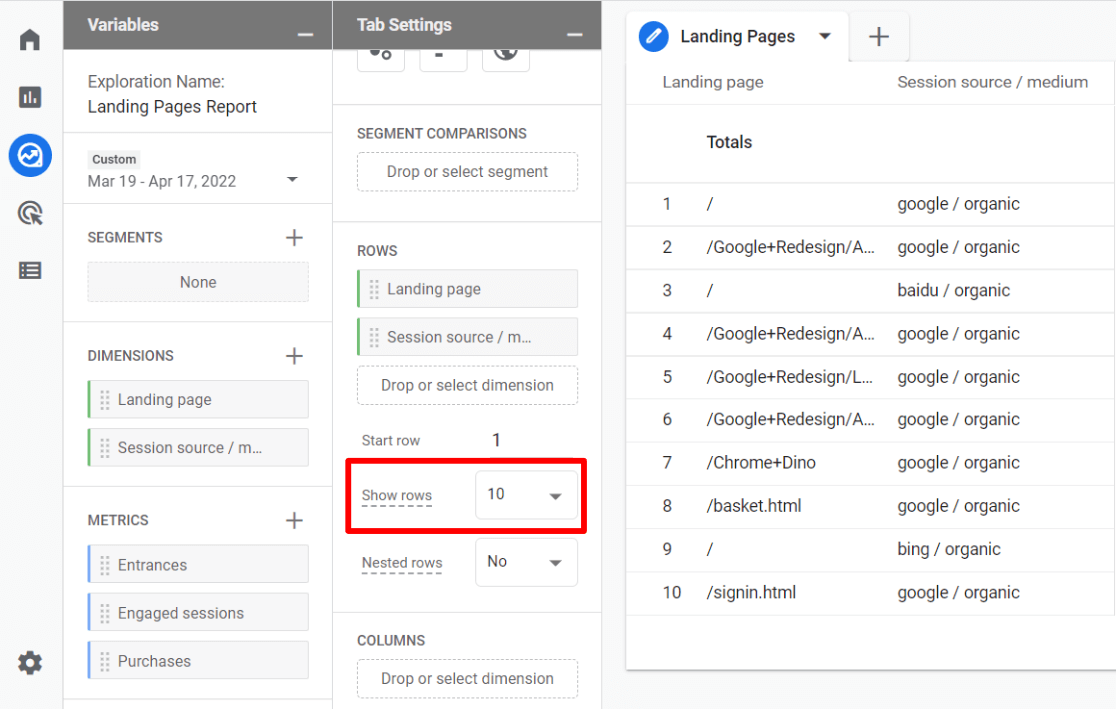 Show rows dropdown in GA4