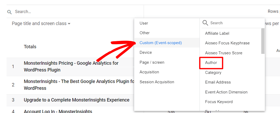 Add Author dimension to Pages and screens report