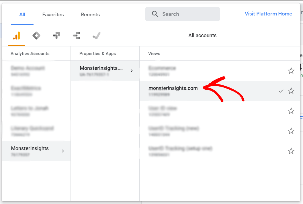 Choose a Google Analytics account and view