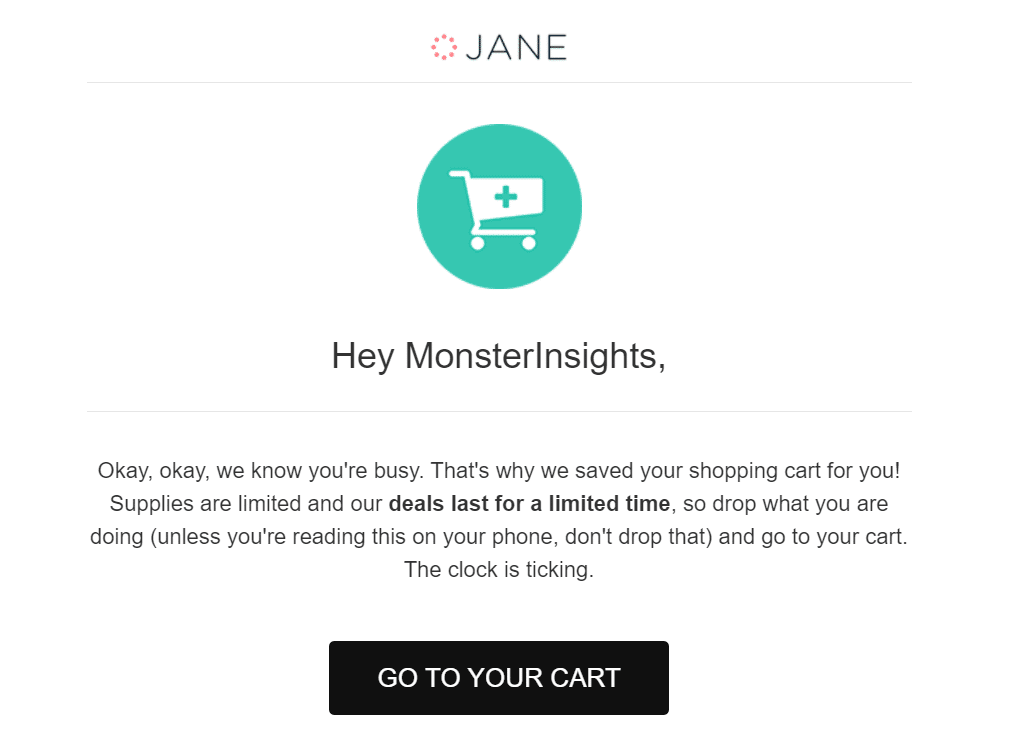 Cart abandonment email