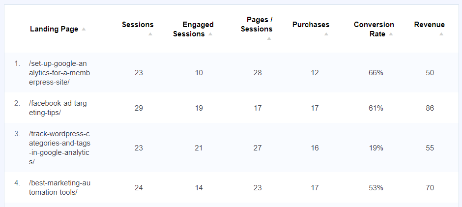 MonsterInsights landing page details report