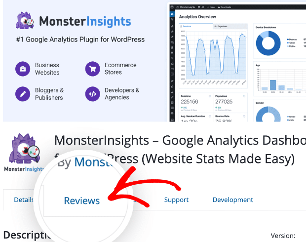 Select the Reviews link from the MonsterInsights plugin screen to leave a review.