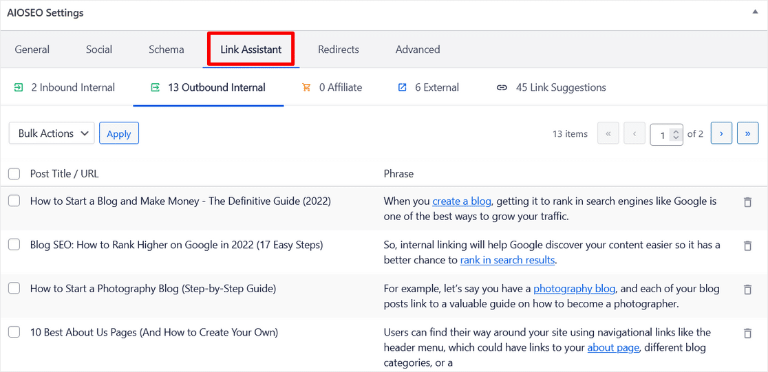 aioseo settings link assistant tab