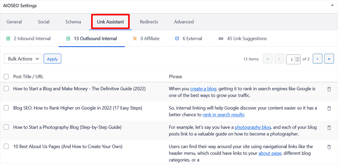 guia do assistente de link de configurações aioseo