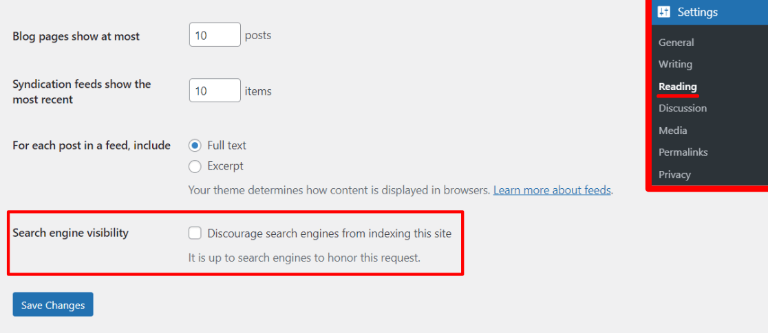 Search engine visibility setting in WordPress