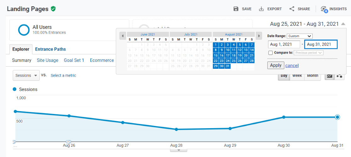 Sélecteur de date de rapport sur les pages de destination