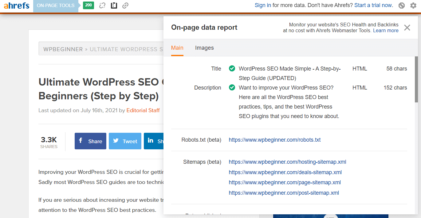 Démonstration de la barre d'outils Ahrefs SEO