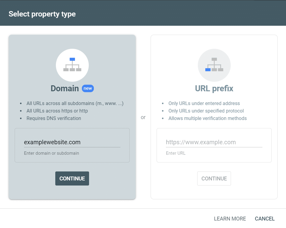 Enter a domain to begin search console verification