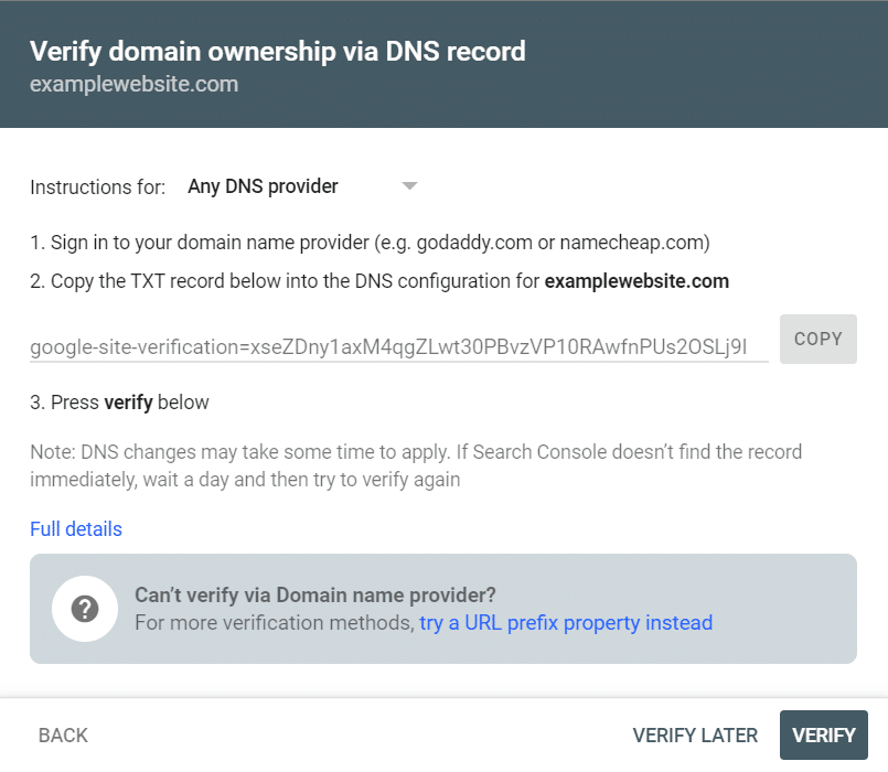 Verify search console with DNS