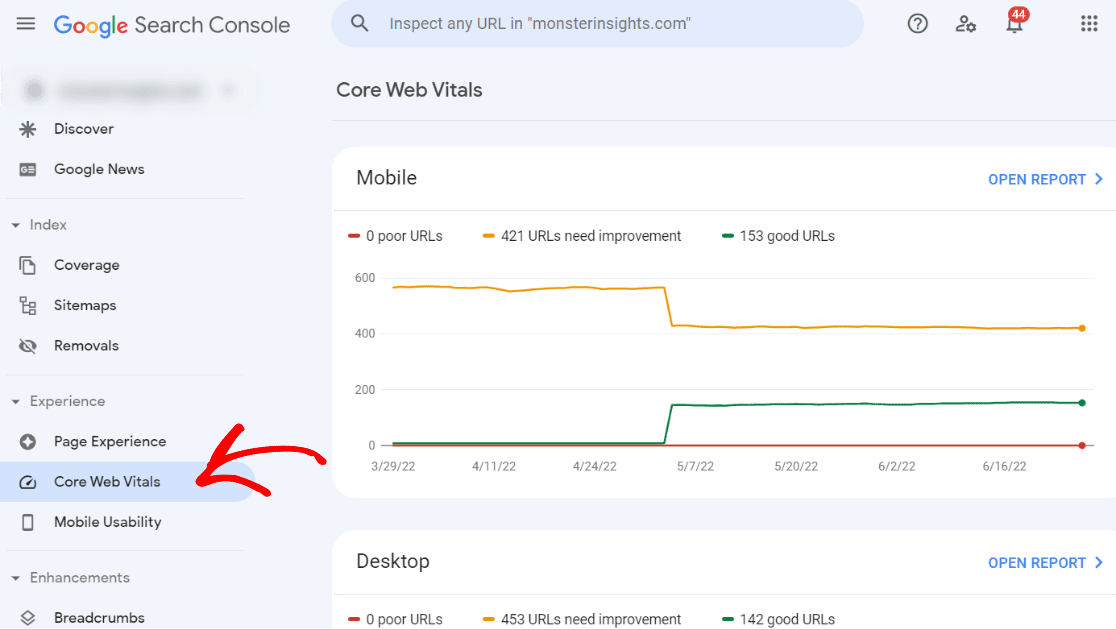 Core Web Vitals report in Search Console