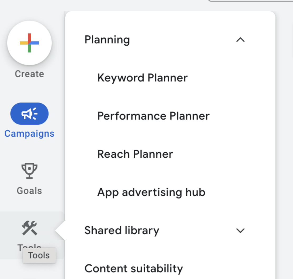 Google Ads Tools Menu Options