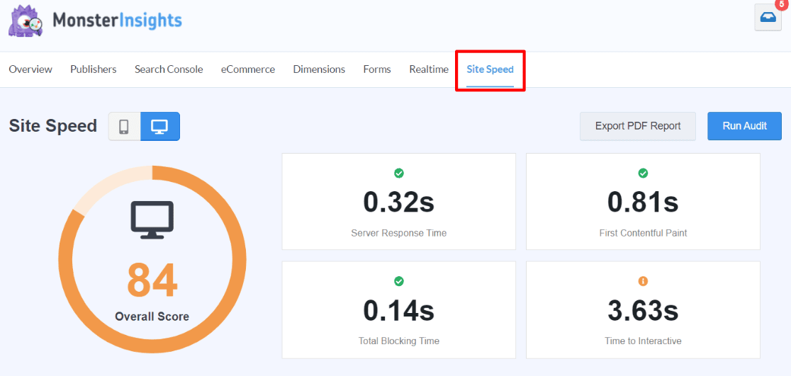 MonsterInsights Site Speed Report