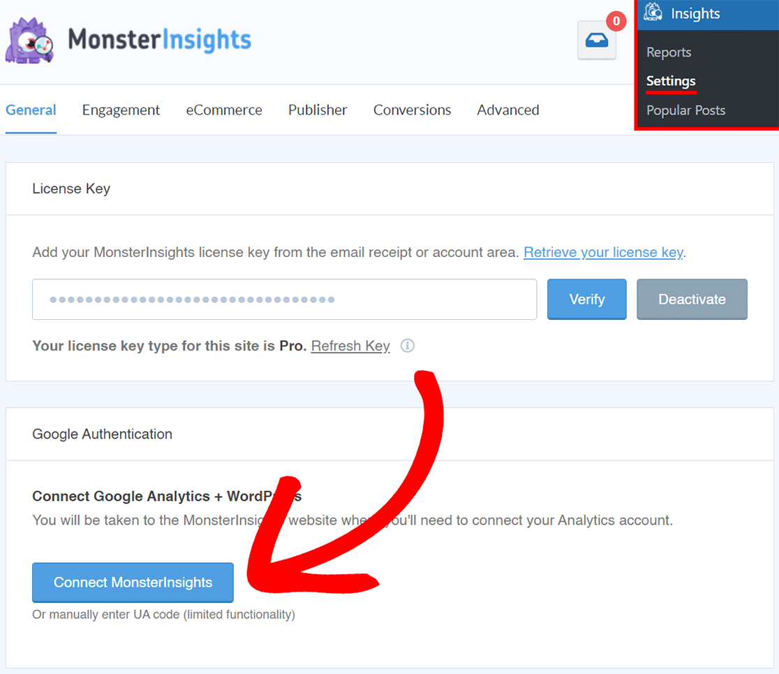 connect to monsterinsights wordpress dashboard