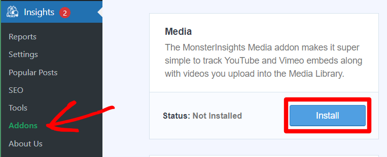 Install the MonsterInsights media addon