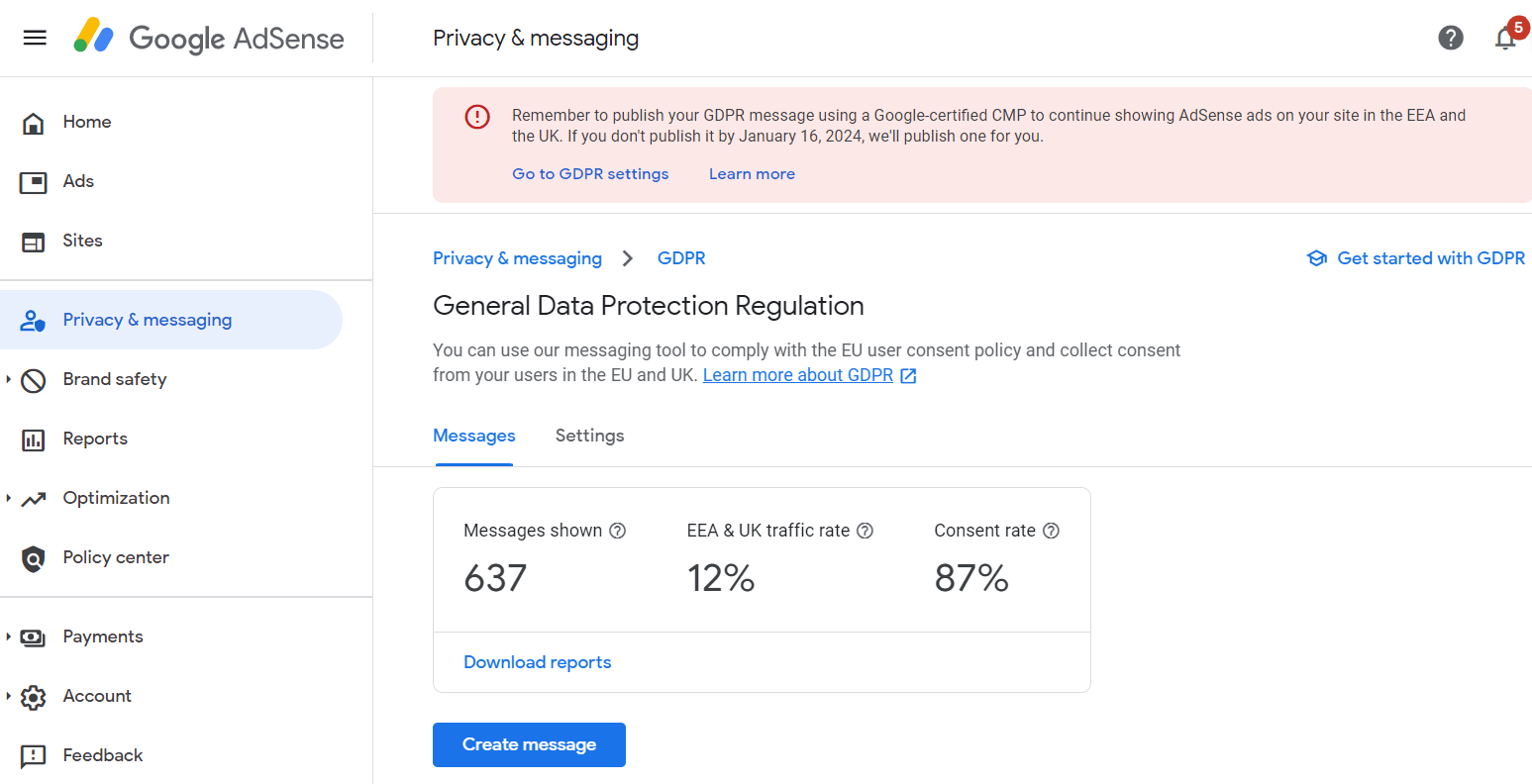 AdSense Google CMP - GDPR Message