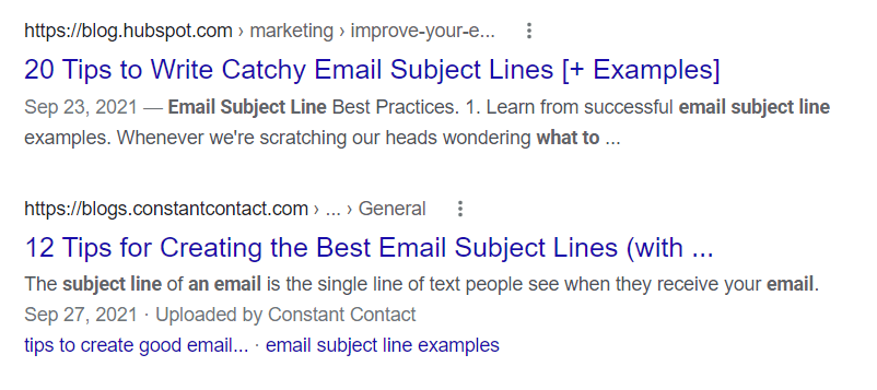 Headline examples in Google Search