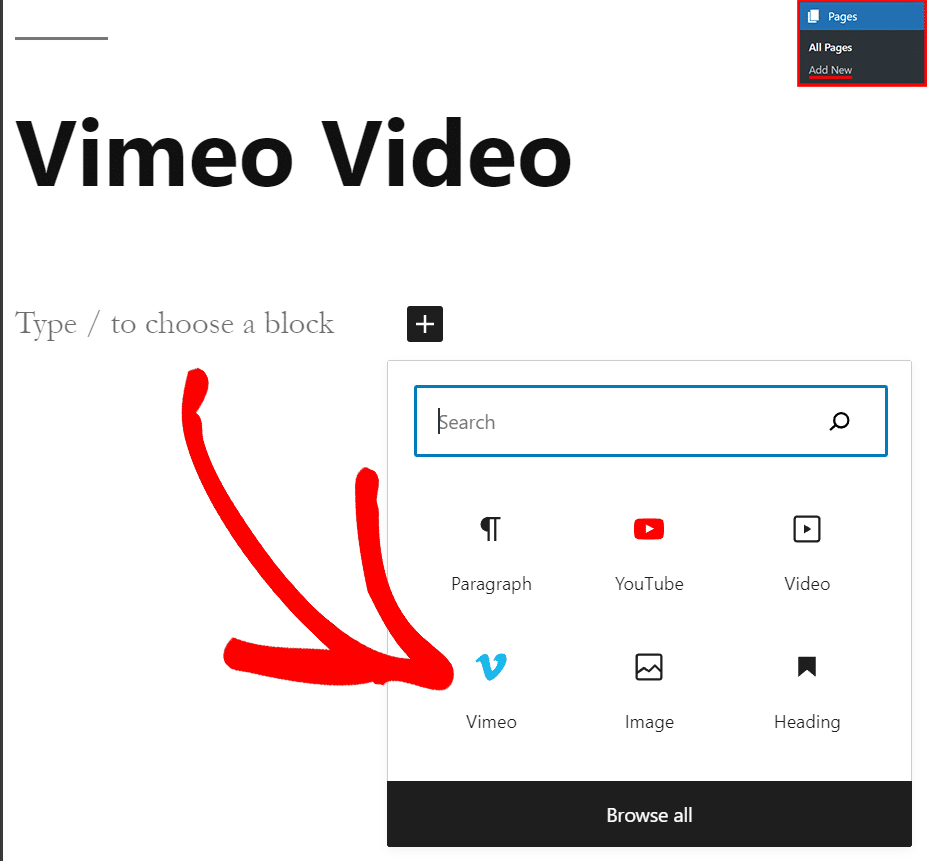 select vimeo block