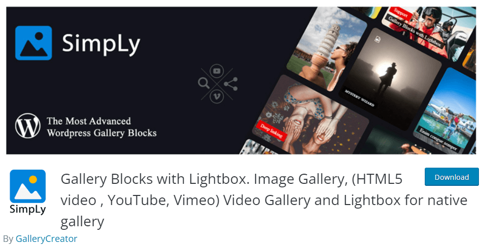 SimpLy gallery blocks plugin - best WordPress video plugins