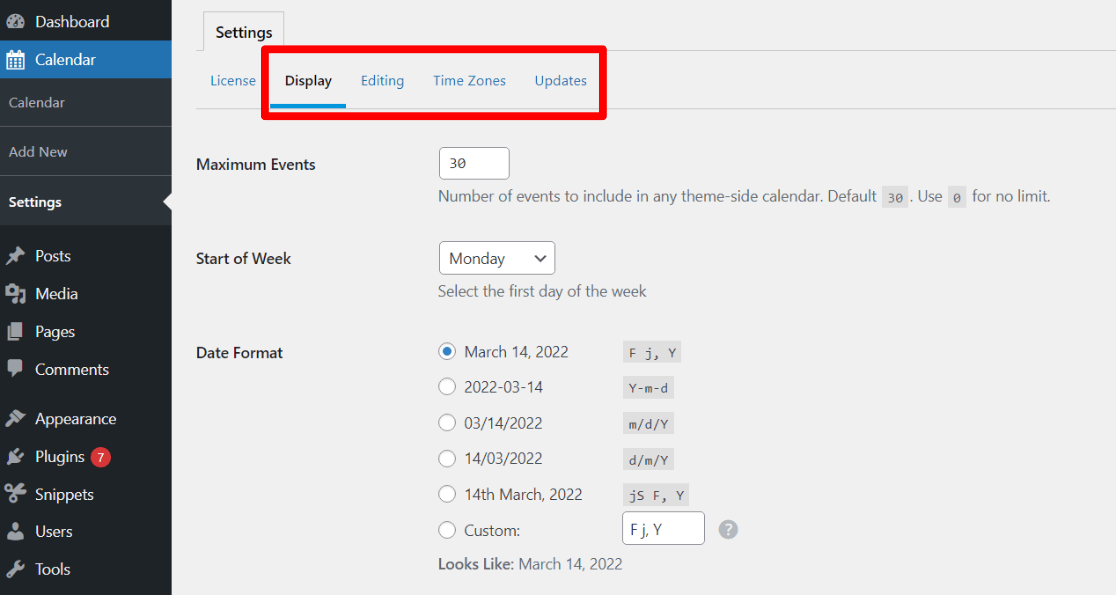 Sugar Calendar Settings