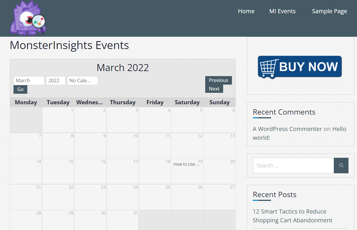 WordPress Event Calendar Example
