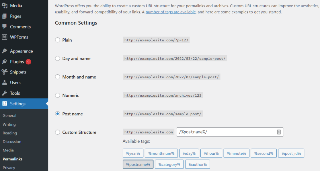 WordPress permalink settings