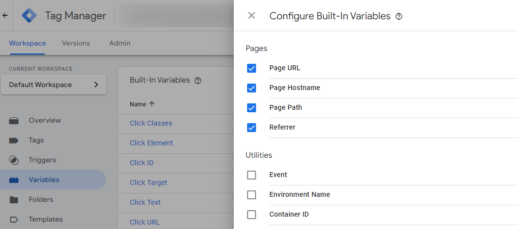 Configure built-in variables in Tag Manager