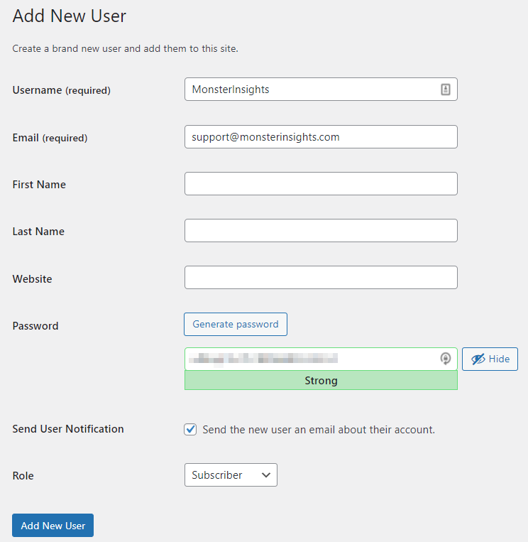 Add New User form