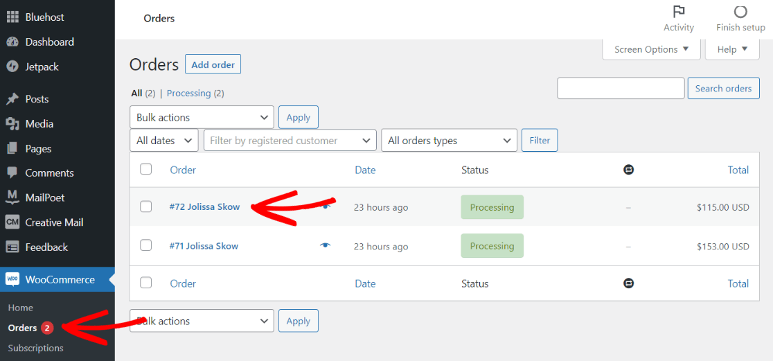 WooCommerce - Select an order