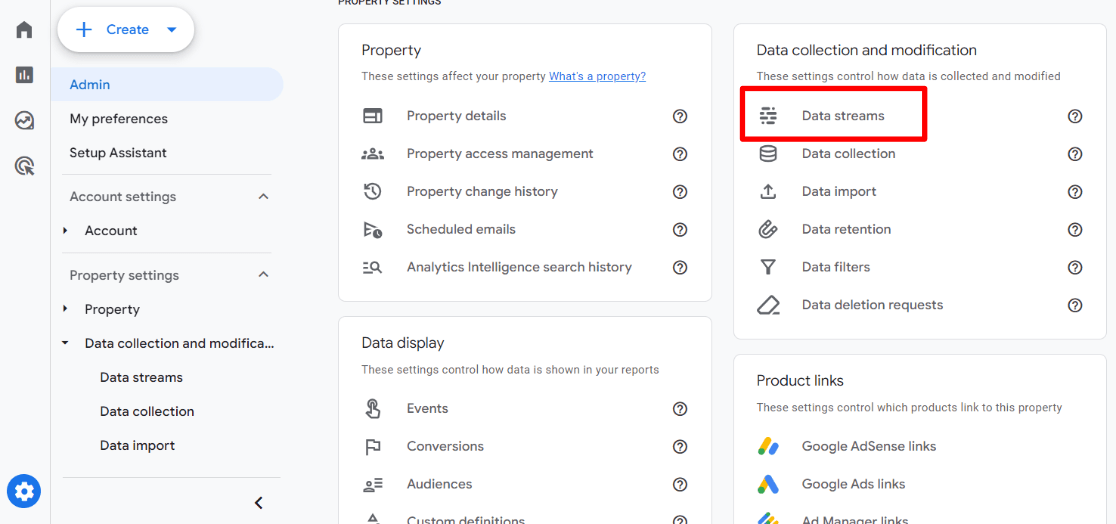 GA4 Data Streams admin screen