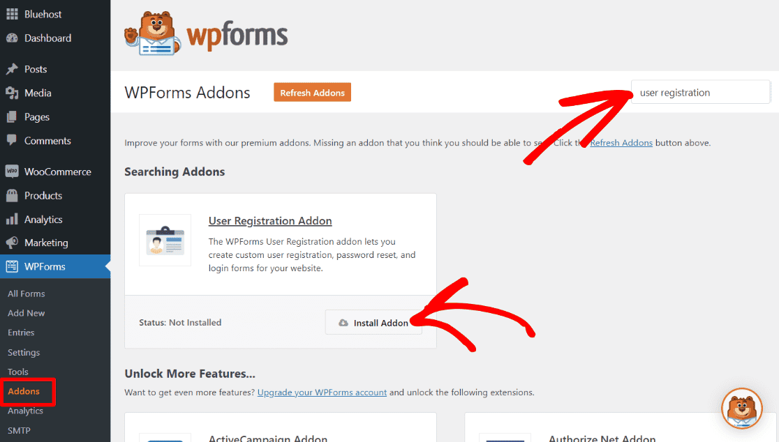 Install WPForms User Registration Addon