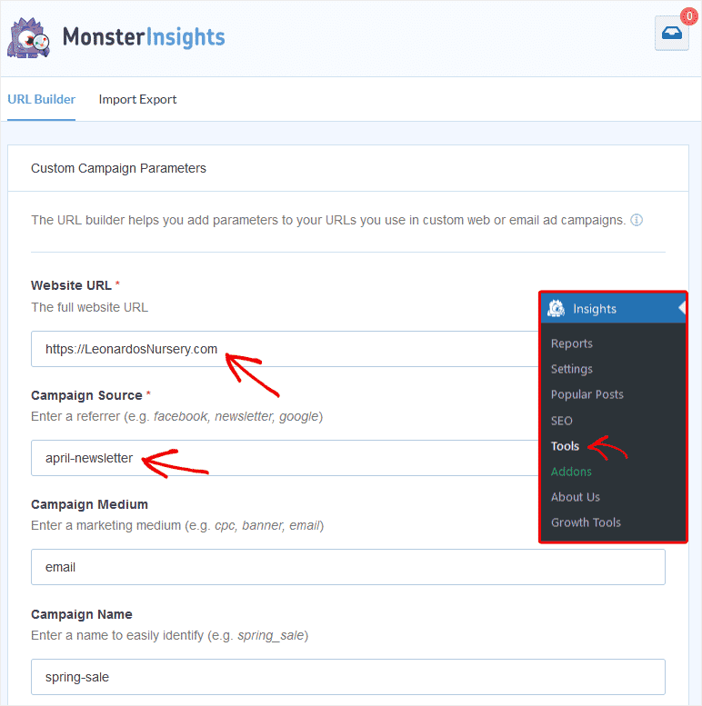 MonsterInsights URL builder creates UTM codes for Google Analytics email tracking