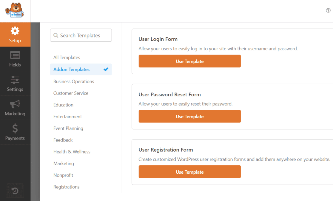 User registration addon form templates
