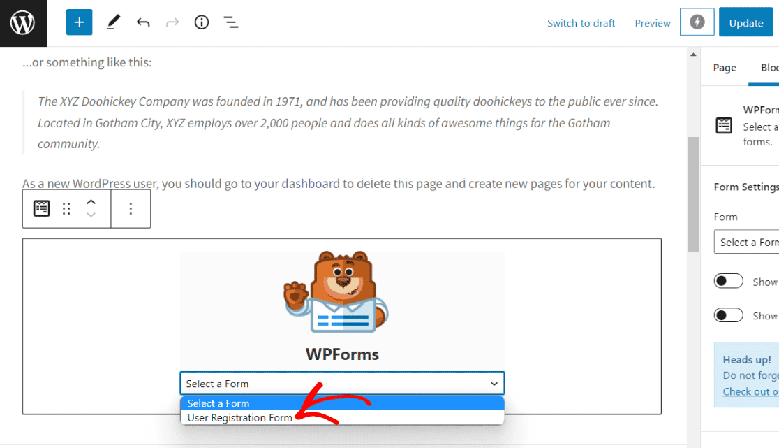 Choose a WPForms form to embed