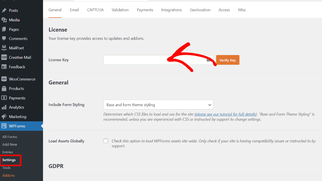 WPForms Settings - License Key