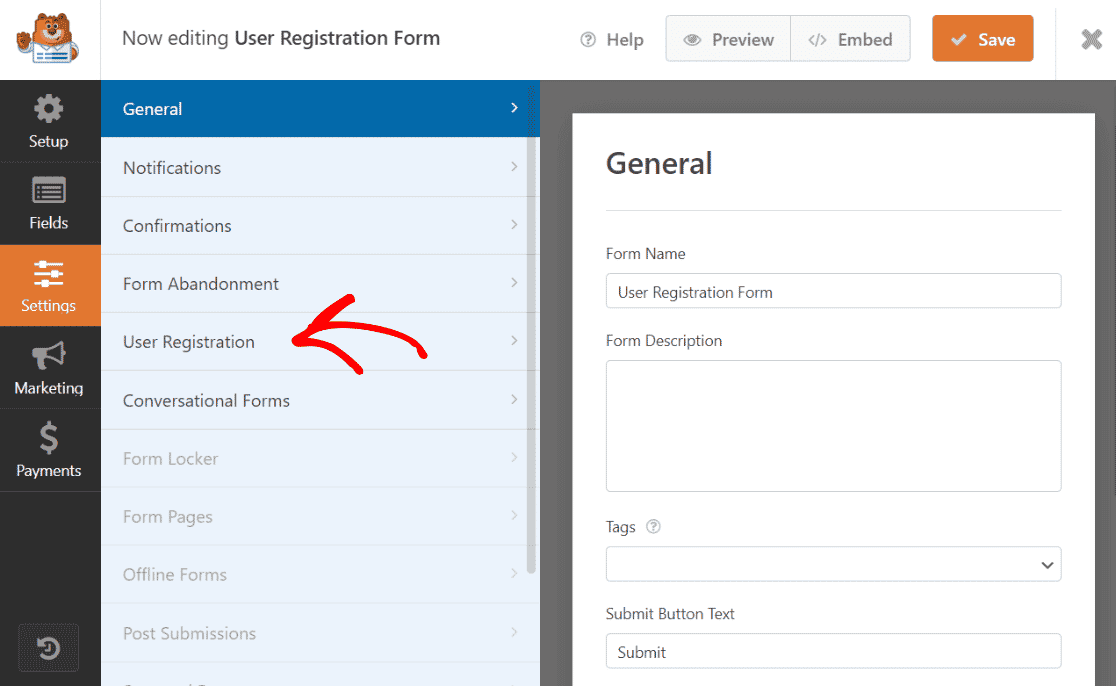 WPForms User Registration Settings
