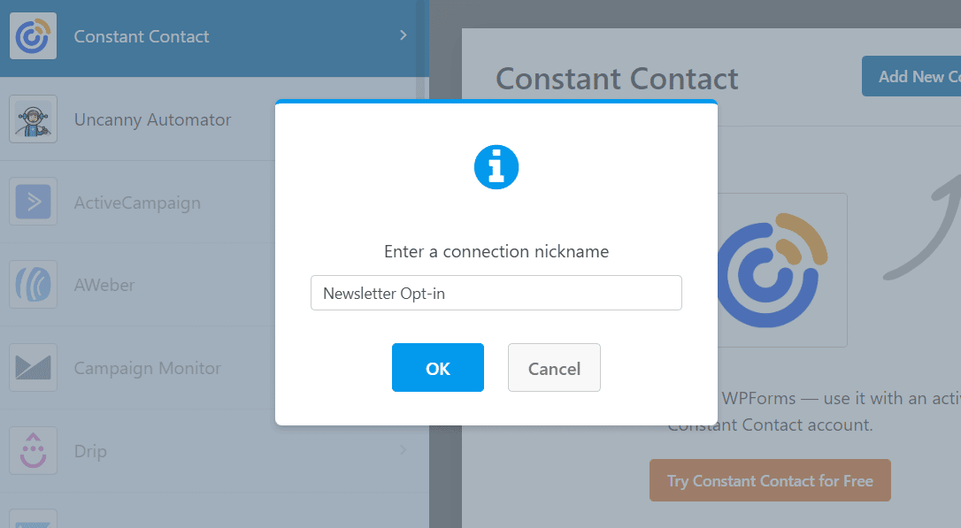 Add connection nickname in WPForms