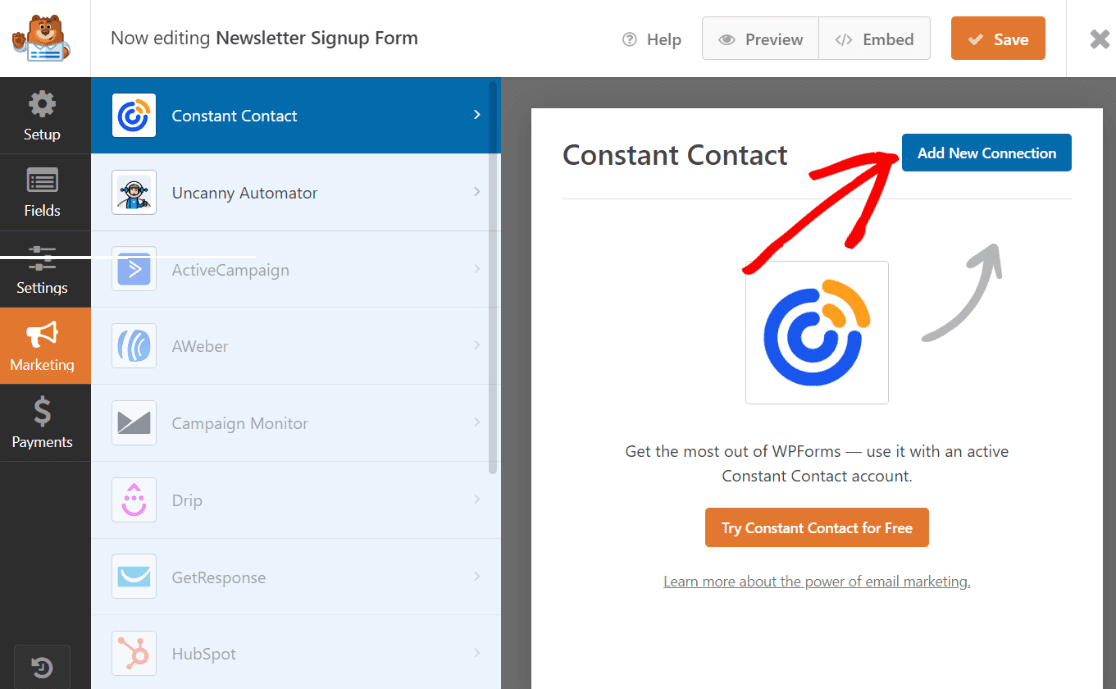 Add email marketing connection in WPforms