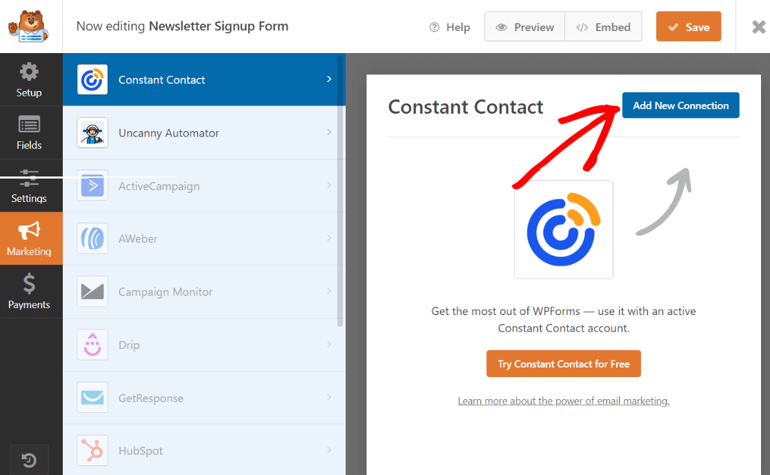 Ajouter une connexion de marketing par e-mail dans WPforms