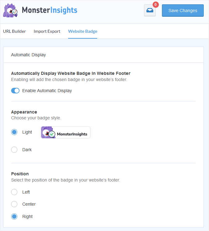 MonsterInsights Website Badge Settings