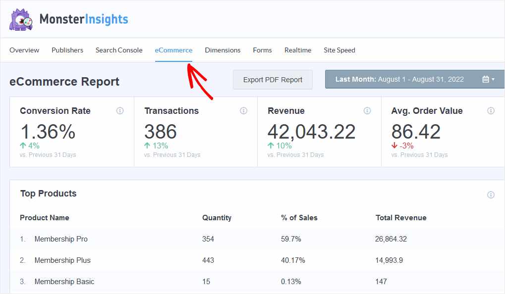 MonsterInsights eCommerce Overview Report