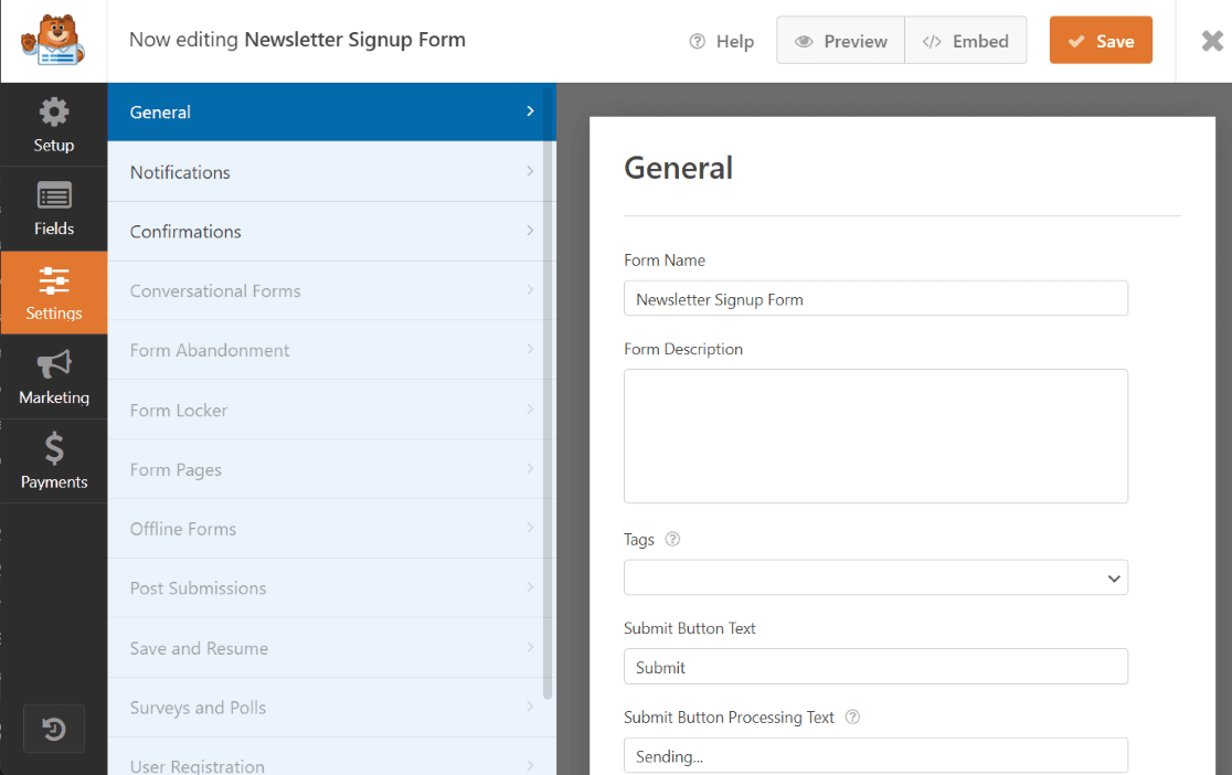 WPForms Settings Tab