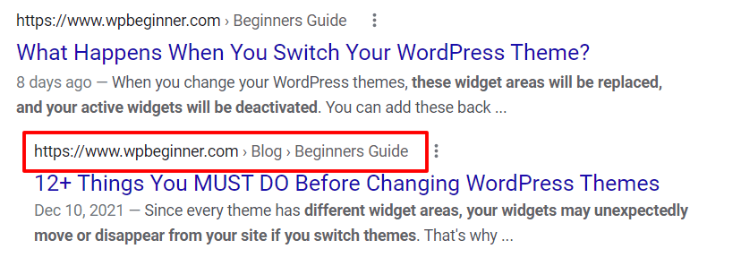 Breadcrumbs example in SERPs