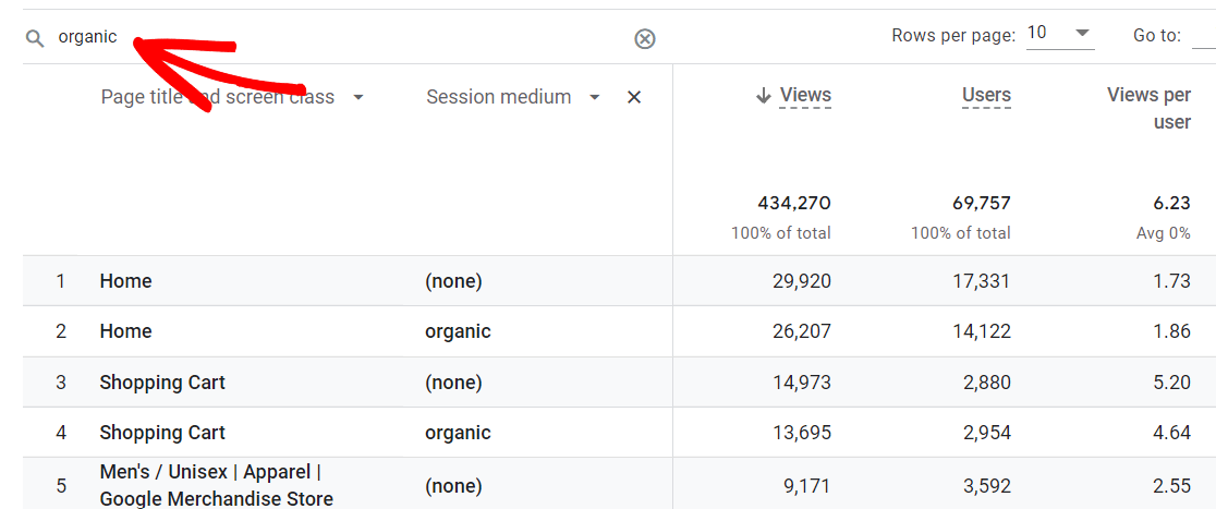 Organic search Google Analytics - pages and screens