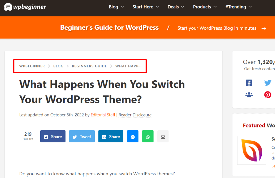 WPBeginner - WordPress Breadcrumbs Example