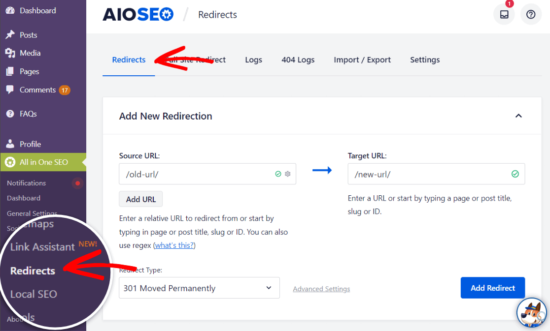 AIOSEO Redirects Tab